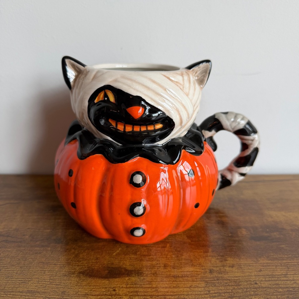 Johanna Parker Ceramic Mug Halloween Mummy Black Cat Orange Pumpkin Cup Cute